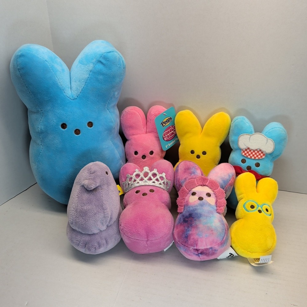 Lot of 8 Just Born Peeps‎ Plush Pink Bubble Gum Tie Dye Blue Chef Crown